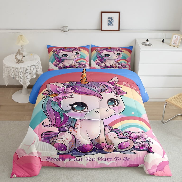 QOOMO Unicorn Comforter Set Queen Size - Rainbow Unicorn Bedding For Kids & Teens Girls, 3 Piece