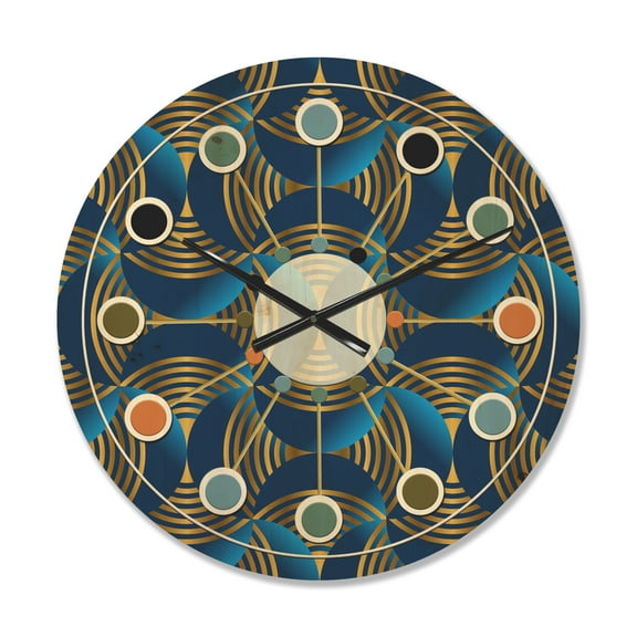 Designart 'Geometric Abstract Waves in Marine Blue and Gold' Mid-Century Modern Wood Wall Clock