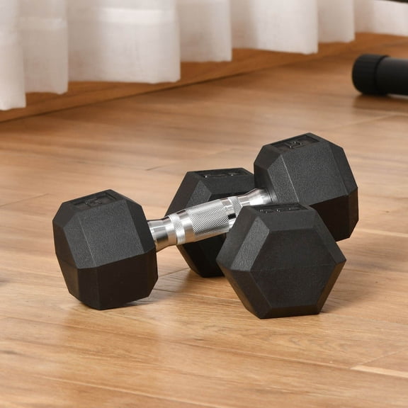 Hex Dumbbell Set of 2 for Home Gym Workout, 2 x 15lbs Rubber Coated Weights with Non-Slip Handles, Anti-Roll, for Women and Men