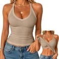 thumbnail image 2 of Sillenn Halter V Neck Tank Tops with Built-In Shelf Bra for Women Sleeveless Slim Fitted Basic Cami Shirts Cute Halter Tops Going Out Sleeveless Camisole Top Dressy Casual Bralette Tops Beige L, 2 of 7