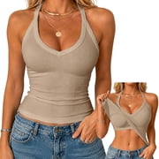 Tanks with Built in Bra，spaghetti Strap Tank Top Workout Camisole Workout Tops Running Bras Camisole with Built in Bra Active Tops Vneck Tank Tops for Women,Beige,L