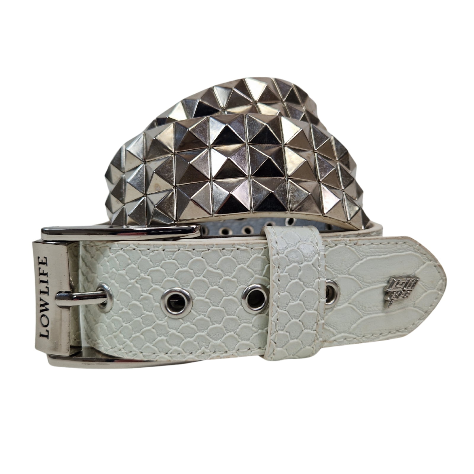 Triple Studded Leather Belt White Snakeskin - Lowlife in size 36