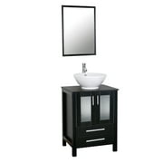 Eclife 24" Classical Bathroom Vanity Vessel Sink Set with Chrome Faucet and Mirror MDF Black Vanity and White Ceramic Round Sink & Solid Brass Pop Up Drain Combo
