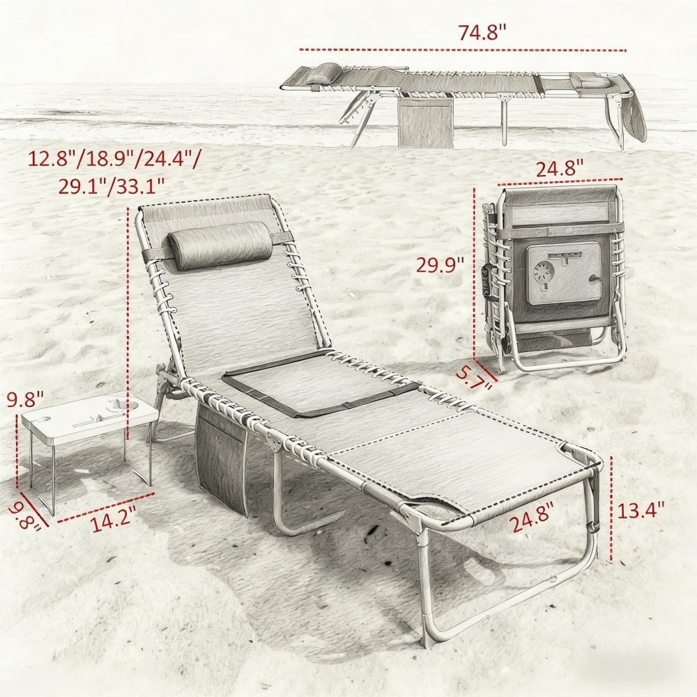 4-Piece Outdoor Patio Lounge Set 2 Folding Beach Loungers & 2 Side Tables 5-Position Adjustable Backrest with Face & Arm Holes Breathable Mesh Portable Pool Chairs with Carry Strap