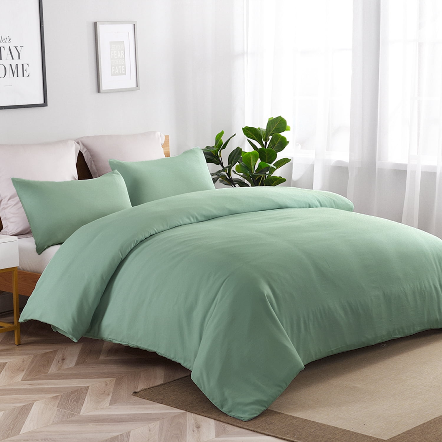 JML 3 Pieces Washed Microfiber Duvet Cover Set With Zipper, Corner Ties And 2 Pillowcases, King 90"x 104", Green