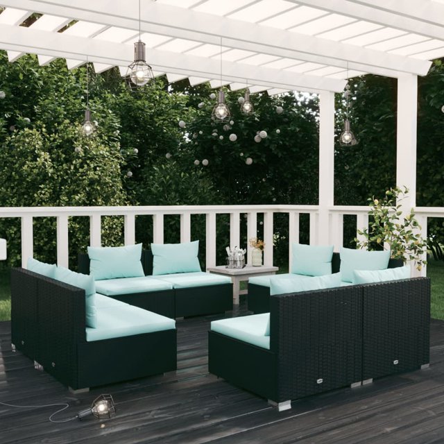 vidaXL 8 Piece Garden Lounge Set with Cushions Poly Rattan Black