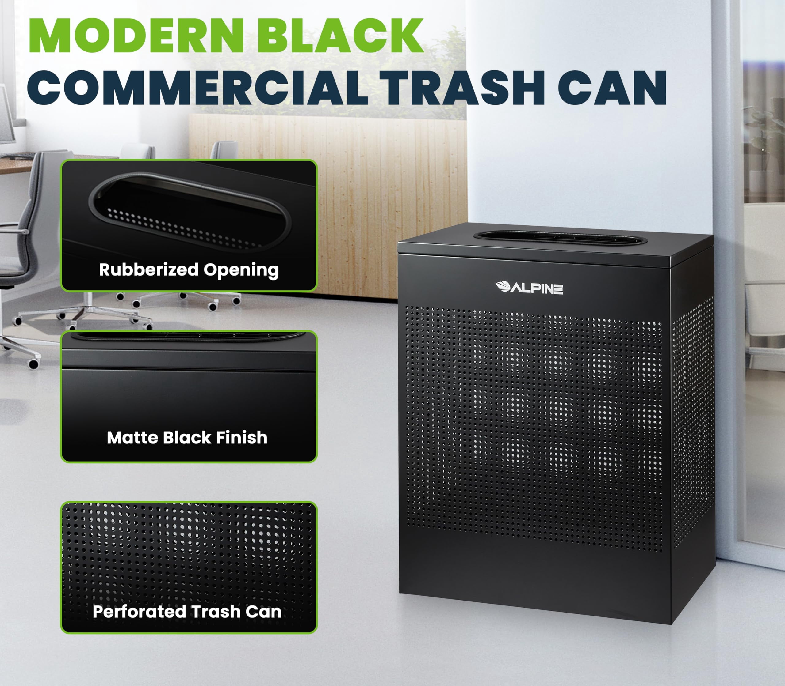 Alpine Black Commercial Trash Can - Large Perforated 23 Gallon Trash Can Open Top, Modern Metal Heavy Duty Garbage Can for Indoor & Outdoor in Office