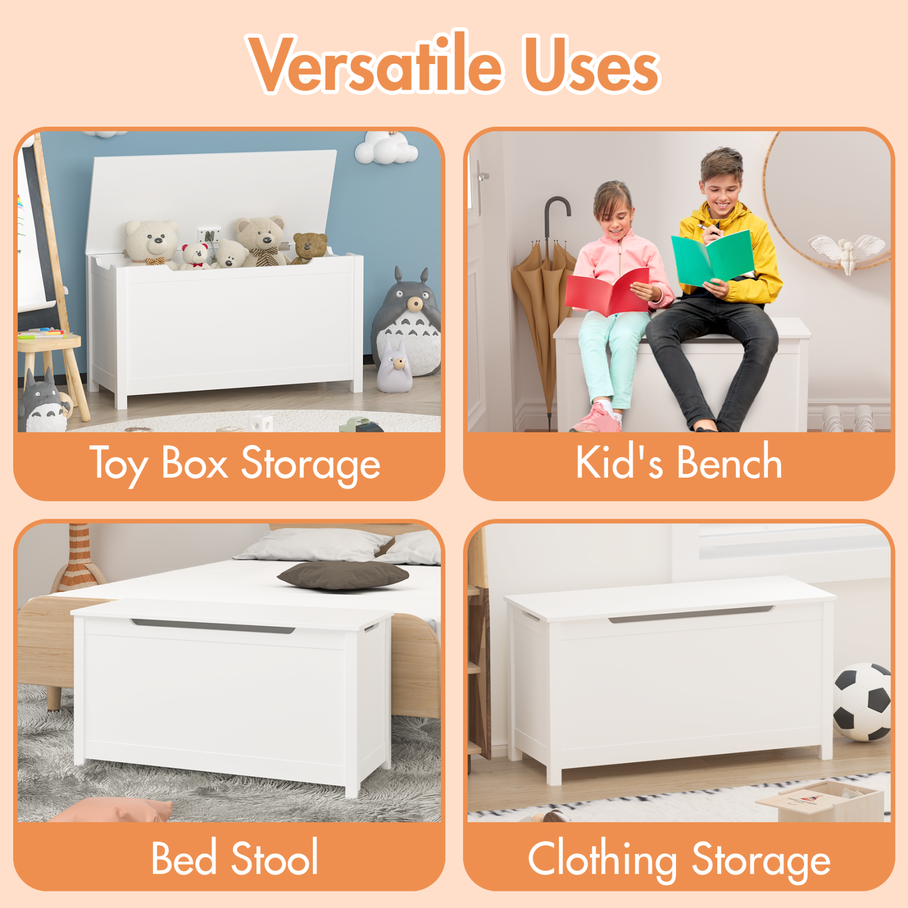 Newboti Furniture Kids Wooden Toy Box Storage with Safety Hinged Lid for Ages 2& (White) 22306