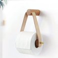 thumbnail image 1 of Soporte de papel higiénico de pared de madera y cuero, soporte de papel rústico para rollos de papel montado en la pared, accesorios de baño elegantes y naturales - (marrón), 1 of 5