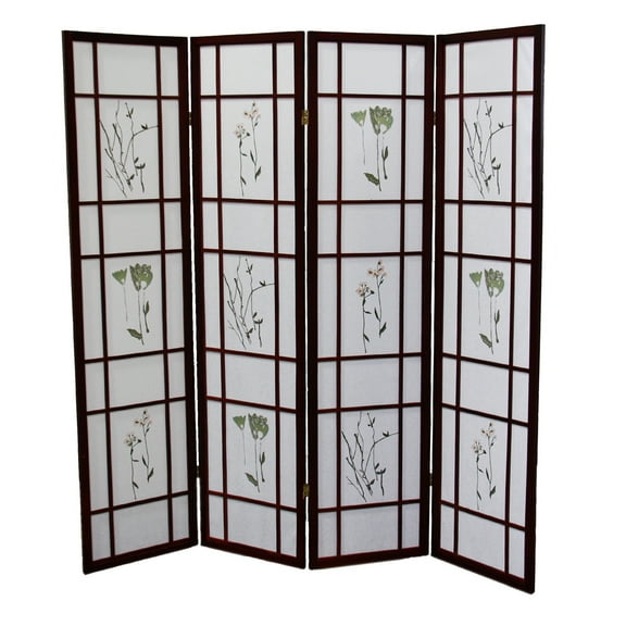 Shoji Screen Room Divider 4 Panel - Floral Herbal Cherry Design - Light Airy Decor 70"H