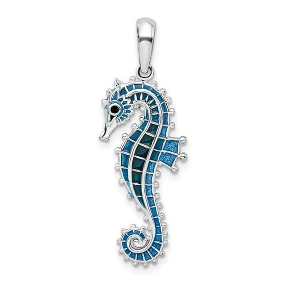 Finest Gold Sterling Silver Polished 3D Enameled Blue Seahorse Pendant