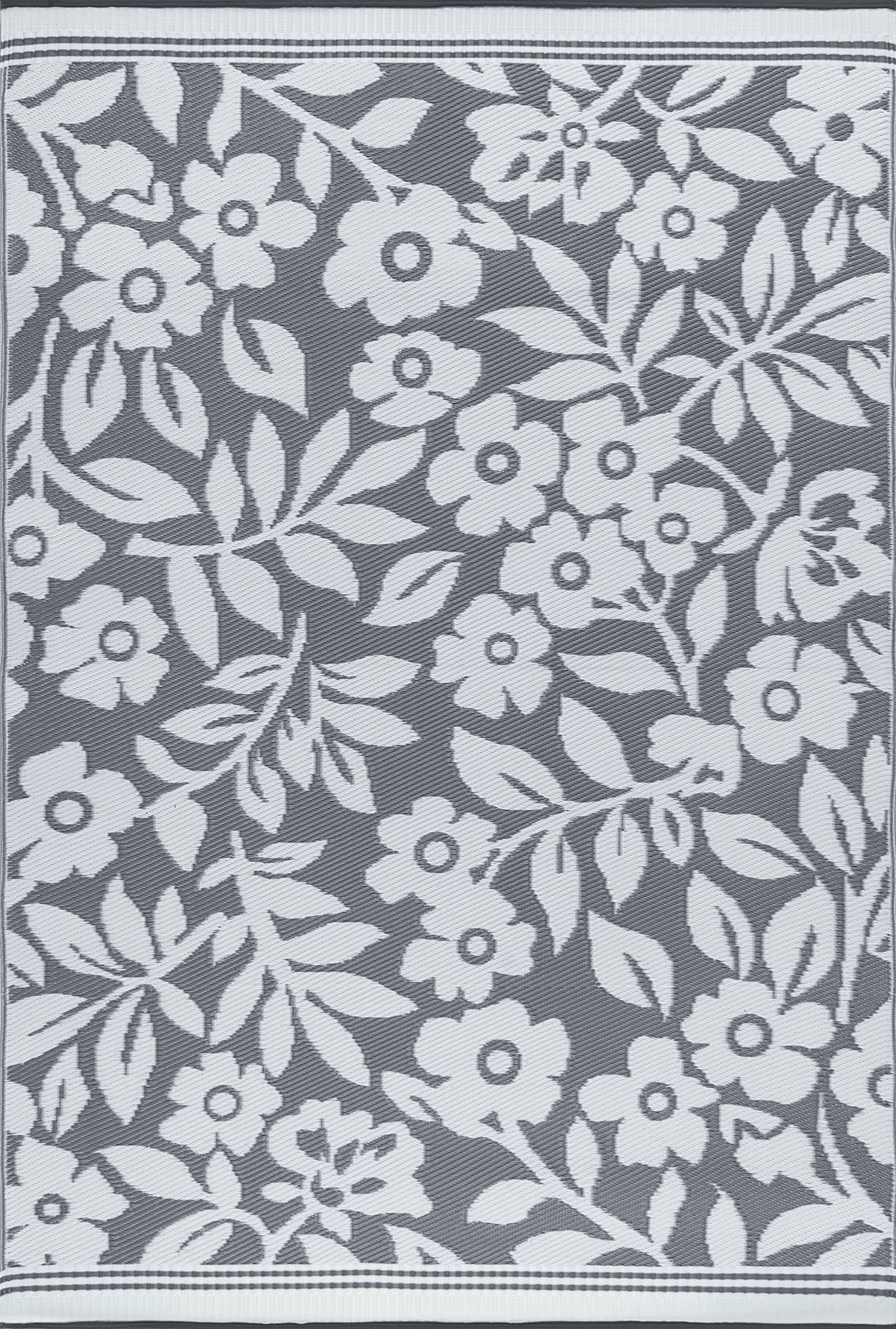 5x7 Reversible Gray and White Polypropylene Outdoor Floral Area Rug