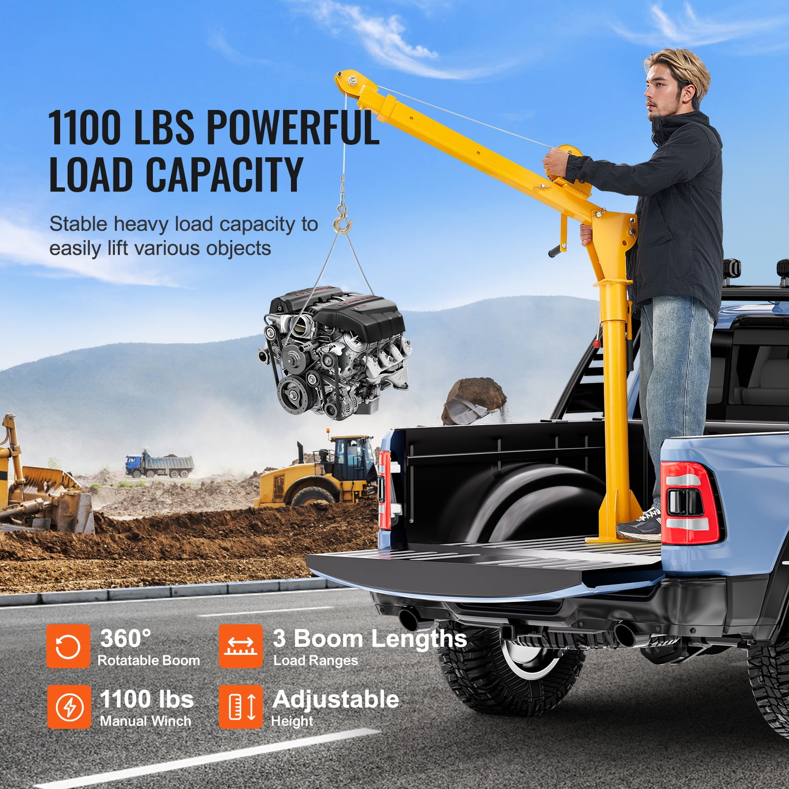 KFFKFF Folding Truck-Mounted Crane with 1100 lbs Manual Winch, Steel Jib Crane Hoist with 360-Degree Swivel for Lifting in Construction, Forestry, and Industrial Applications