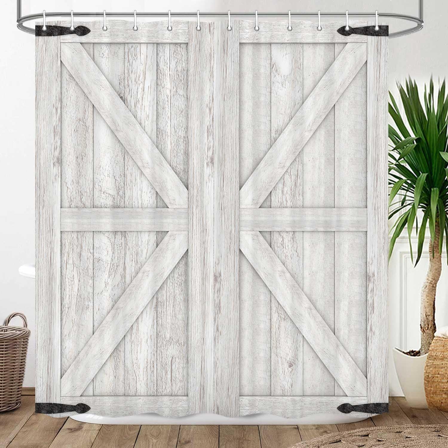 Wooden Barn Door Shower Curtain, Rustic Wooden Garage Door Shower Curtain Vintage Wood Farmhouse Shower Curtain, Country Barn Door Shower Curtain with Hooks, 72X72 Inch, Beige