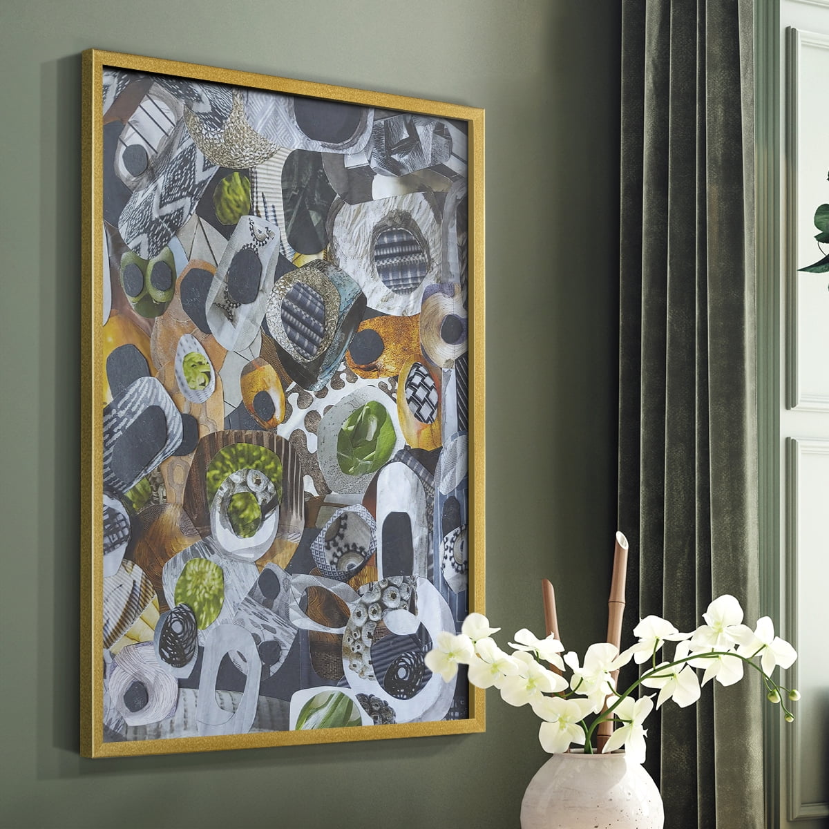 Big Sur Stones and Kelp Framed Print in Gold Solid Wood Framed Print No Nail Hanging