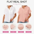 thumbnail image 3 of Womens Short Sleeve Shirts V Neck Collared Button Down Shirt Tops with Pockets - White+pink, 3 of 6