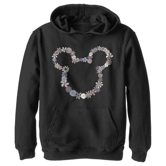 Boy's Mickey & Friends Mickey Mouse Floral Outline Silhouette  Pull Over Hoodie Black X Large