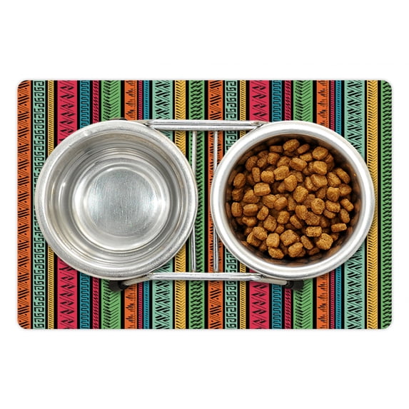 Hippie Pet Mat for Food and Water, Hand Drawn Vertical Borders Colorful Native Culture Inspired, Non-Slip Rubber Mat for Dogs and Cats, 18" X 12", by Ambesonne