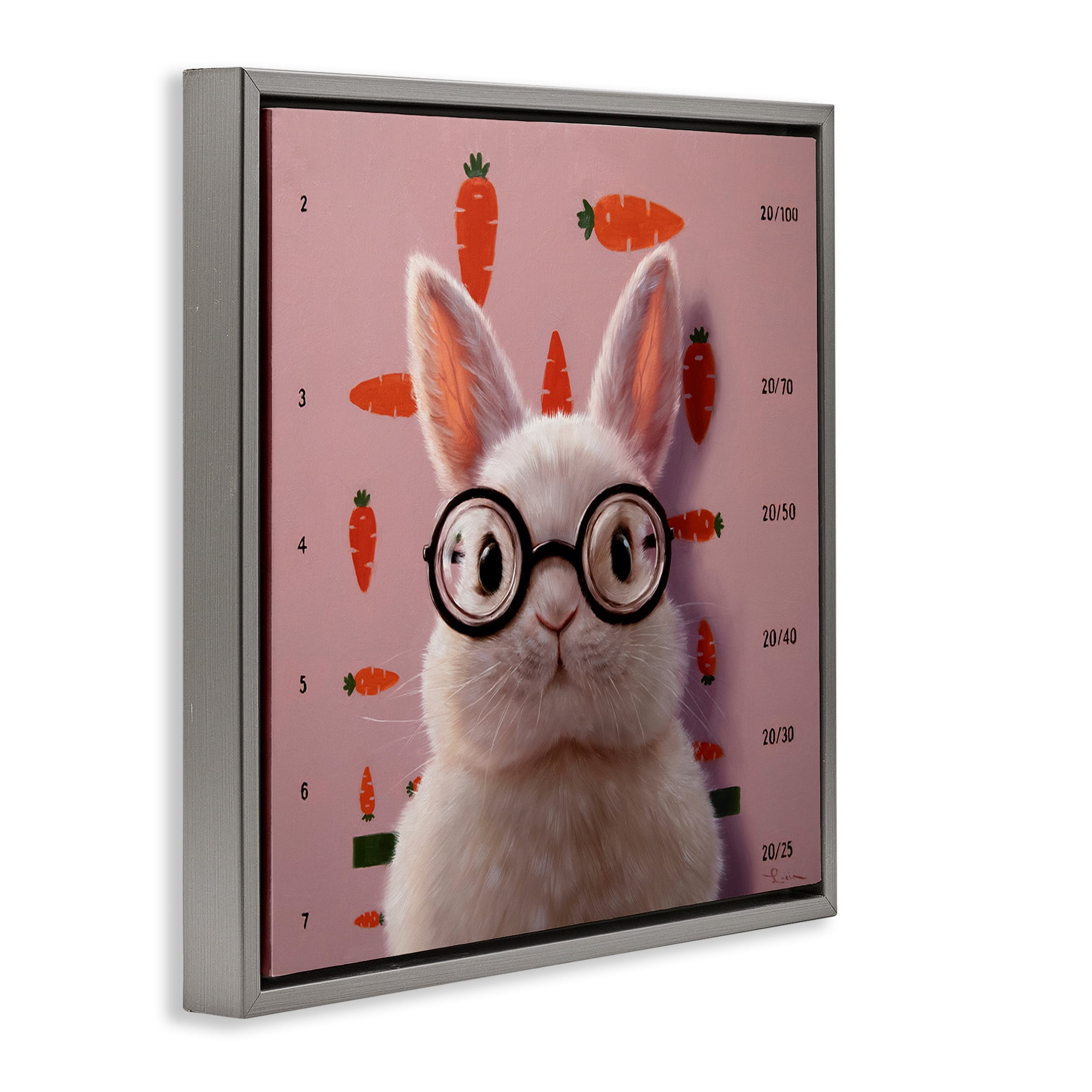 Bunny & Carrots Eye Exam Gray Framed Floater Canvas Wall Art, design by Lucia Heffernan