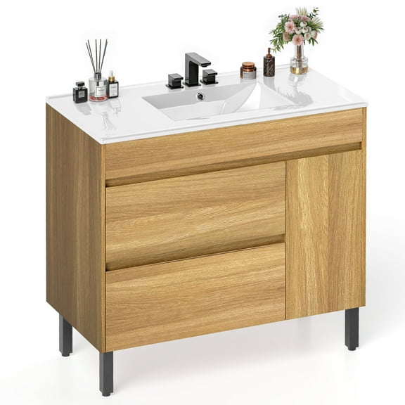 Craftian 36 " Bathroom Vanity with Undermount Sink, Free Standing Bathroom Storage Cabinet with 2 Drawers, Oak