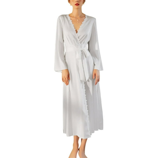 WIFORNT Women Night Robe Long Sleeve V Neck Lace Backless Waist