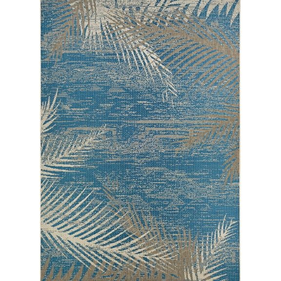 3.75' x 5.4' Blue and Beige Tropical Palms Rectangular Outdoor Area Throw Rug