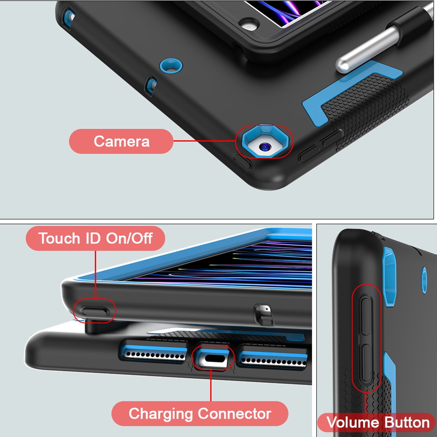 Decase Rugged Case Compatible with Apple iPad 6th/5th Gen 9.7 Inch 2018 2017,Shockproof Protective Cover with Built-in Stand & Pencil Holder,Heavy Duty Hard Cover,Blackblue