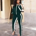 thumbnail image 2 of 2 Piece Outfits for Women Solid Color Stripe Off Shoulder Zipper Long Sleeves Jacket Pants with Pockets Casual Tracksuit, 2 of 4