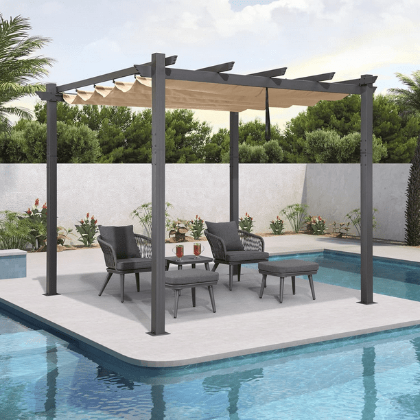 Pérgola de Aluminio 10x10 pies con Toldo Ajustable, Estructura Reforzada para Jardín, Patio y Terraza, Color Caqui
