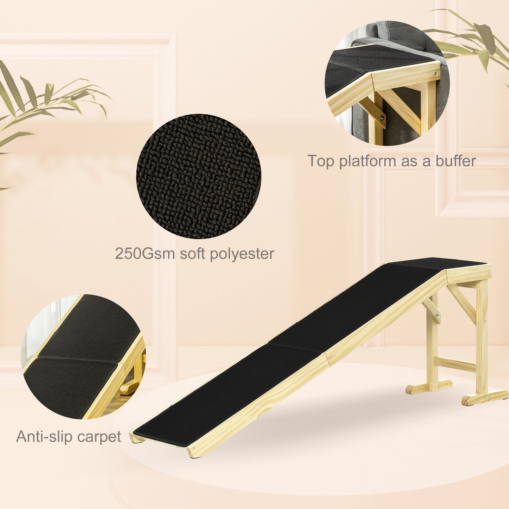 Dog Ramp for Bed, Pet Ramp for Dogs with Non-Slip Carpet and Top Platform, 74" x 16" x 25", Natural
