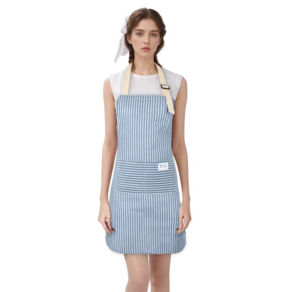 TOPTIE Cotton Linen Apron for Kitchen Chef Waiter/Waitress Apron with Adjustable Strap and 2 Pockets-Blue
