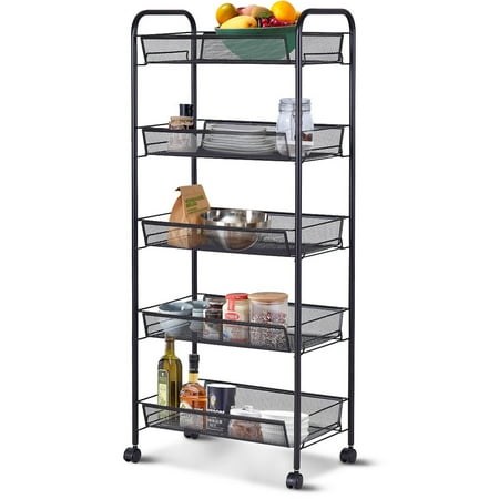 Costway 5 Tier Storage Rack Trolley Cart Home Kitchen Organizer Utility Baskets Black