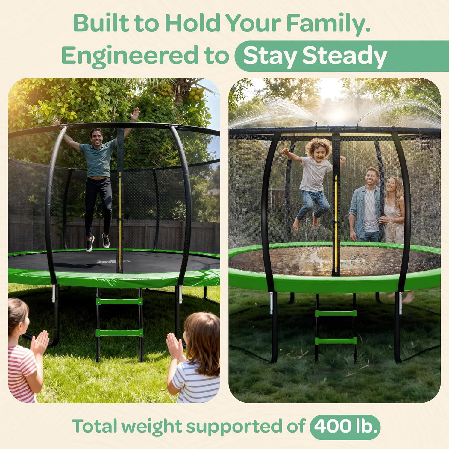 JoyBerri Trampoline Outdoor – 12Ft Recreational Trampoline with Enclosure Net, Ladder, LED Lights & Sprinkler – ASTM Certified Safe - Green
