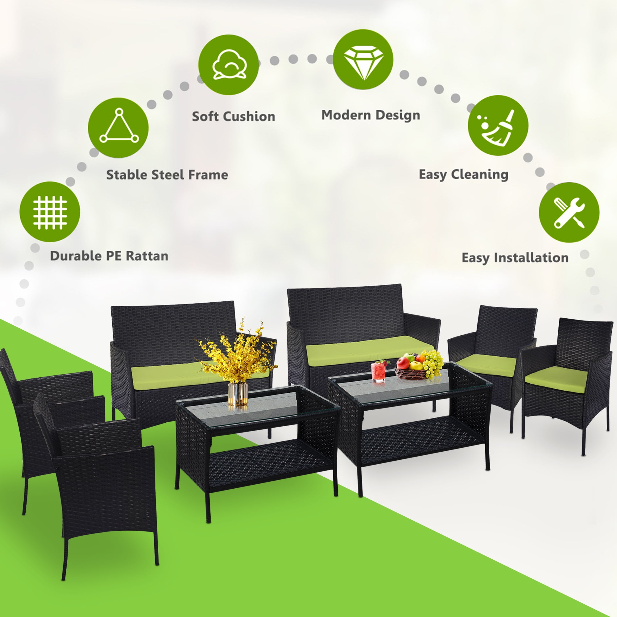 8 PCS Outdoor Patio Bistro Furniture Set, All-Weather Rattan Chair Set, Conversation Furniture Sets, Cushioned Seat & Glass Table, Bistro Table Set for Porch Garden Poolside Balcony, T203