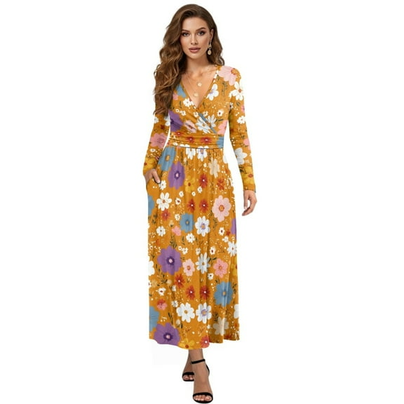 FKELYI Retro Colorful Flower Print Long Sleeve Maxi Dress for Women V-Neck Soft Casual Dress Flowy A-Line Dresses with Side Pockets for Party Wedding, M