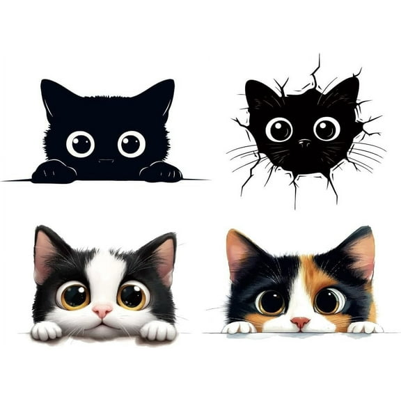 4 Pcs Iron on Decals Patches 4 Sizes Peeking Cat Iron on Stickers Black Cute Cat Kitten Transfer Stickers Plastic Washable Patches for DIY Clothes Decor Backpacks Cover colorful