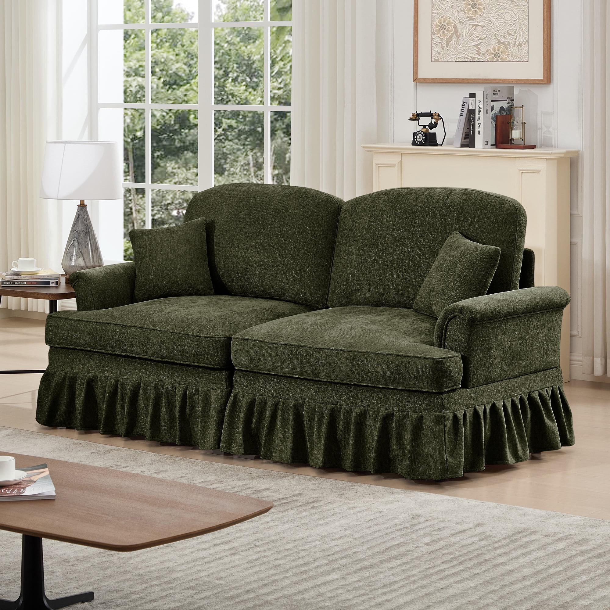 Gewnee 2-in-1 Convertible Sectional Sofa with Removable Ruffled Skirt , Petal-Shaped Arms, Ottoman and Lumbar Pillow Included, Multiple Configurations