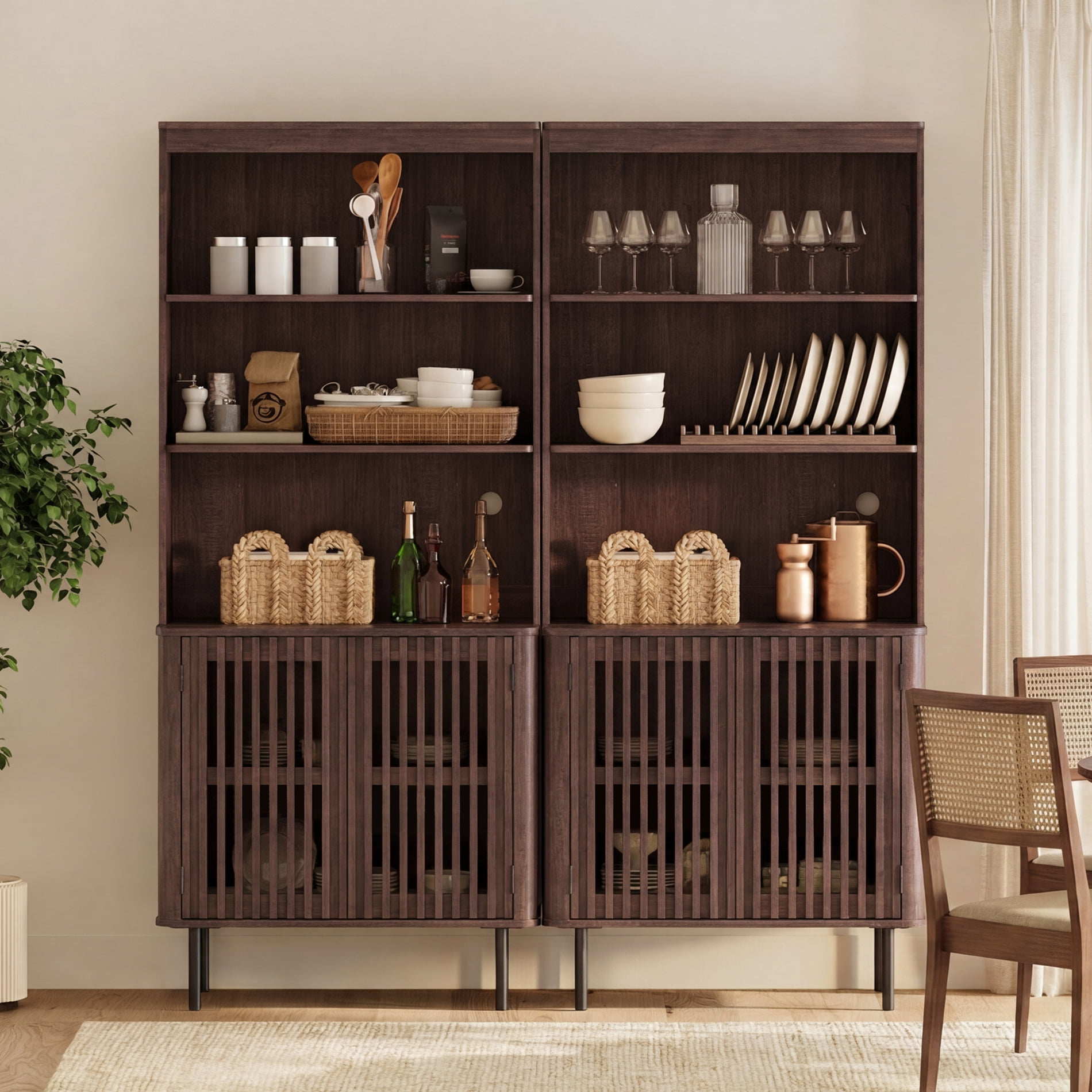 72.8" H X 63" W Kitchen Pantry Storage Cabinet, Push-to-open Door Kitchen Hutch With Adjustable Shelf, Walnut
