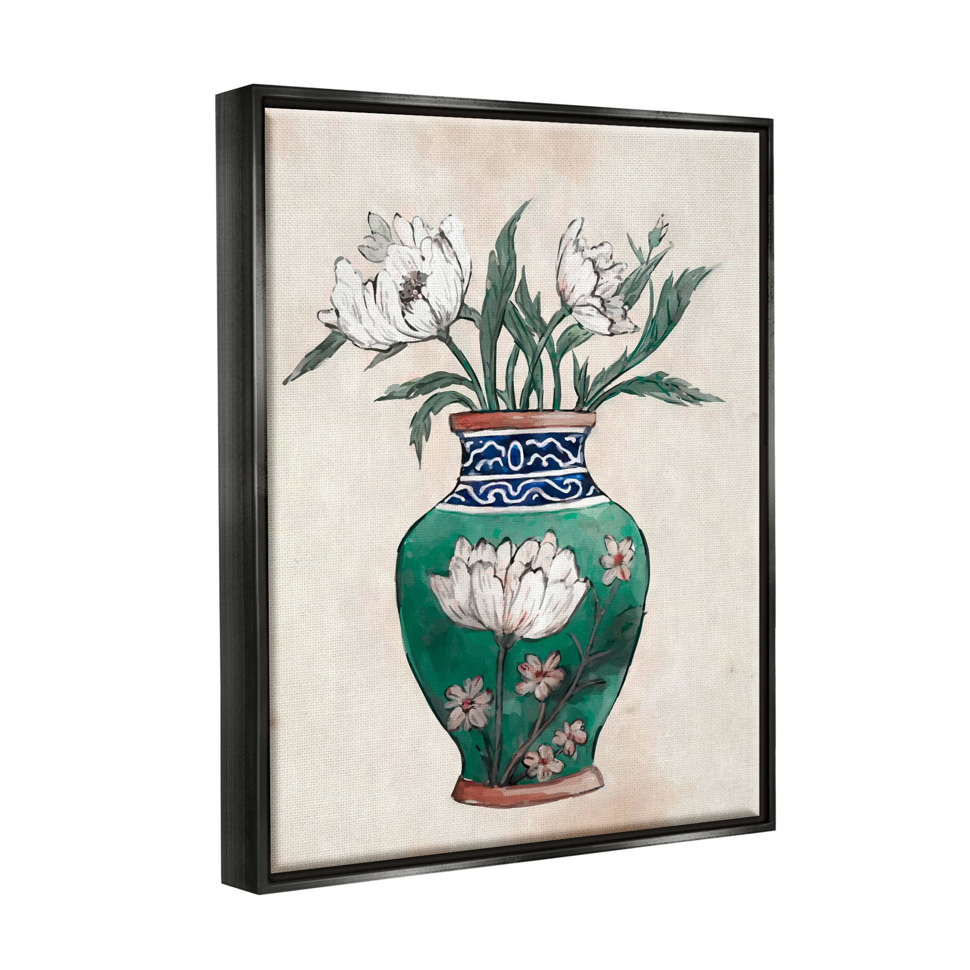 Stupell Industries Floral Oriental Vase Botanical & Floral Painting Black Floater Framed Canvas Art Print Wall Art, 25 x 31