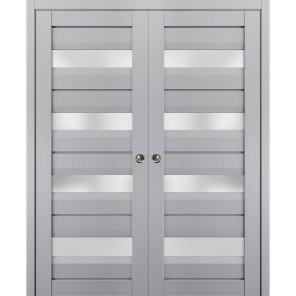 Sliding French Double Pocket Doors with Frosted Glass | Veregio 7455 Matte Grey | Kit Trims Rail Hardware | Solid Wood Interior Bedroom Sturdy Doors-36" x 84" (2* 18x84)
