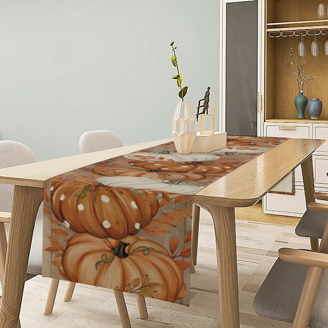 Autumn Pumpkin And Maple Leaf Printed Table Runner Thanksgiving Atmosphere Tablecloth For Dining Table And TV Cabinet Café Cover Cloth Oval Table Fall Table Runners 48 Inches Long Table Runners Beaded