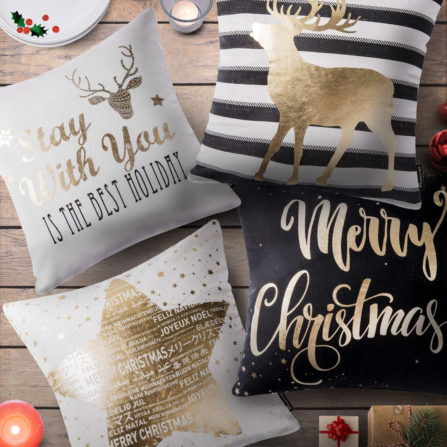 Phantoscope Christmas Holiday Series Golden Printed Letters Star and Elk Decorative Throw Pillow Cover,Black and White,18" x 18", Set of 4
