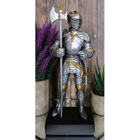 Silver & Gold Italian Knight Figurine 9"H Medieval Suit Of Armor Battle Axeman