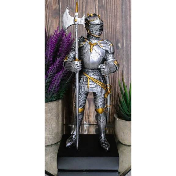 Silver & Gold Italian Knight Figurine 9"H Medieval Suit Of Armor Battle Axeman