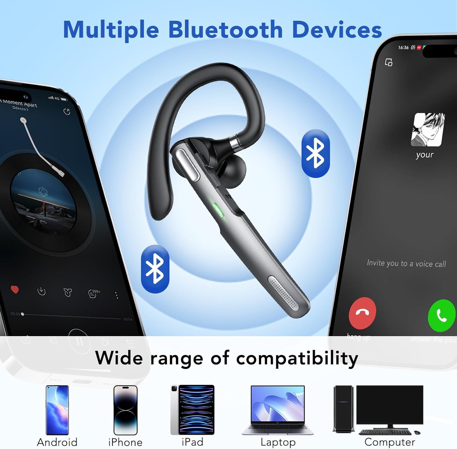 Swiifome Bluetooth Headset, Wireless Bluetooth Earpiece V5.0 Hands-Free Earphones with Built-in Mic for Driving/Business/Office, C