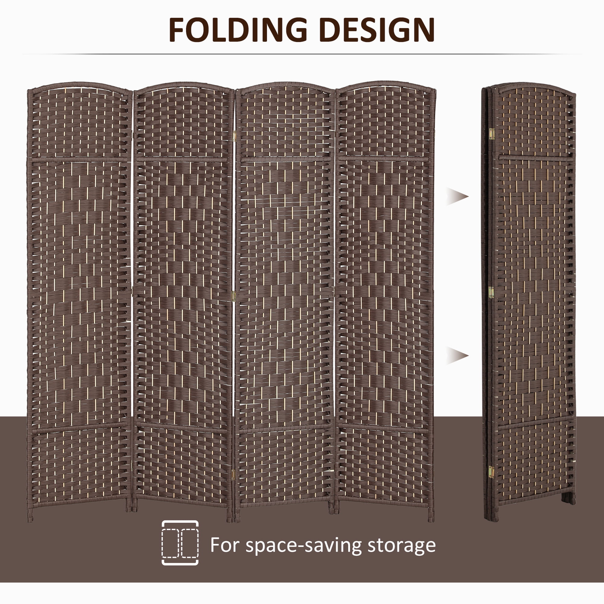 HOMCOM 4 Panel Room Divider, 6' Tall Folding Privacy Screen, Hand-Woven Freestanding Wood Partition for Home Office, Bedroom, Brown