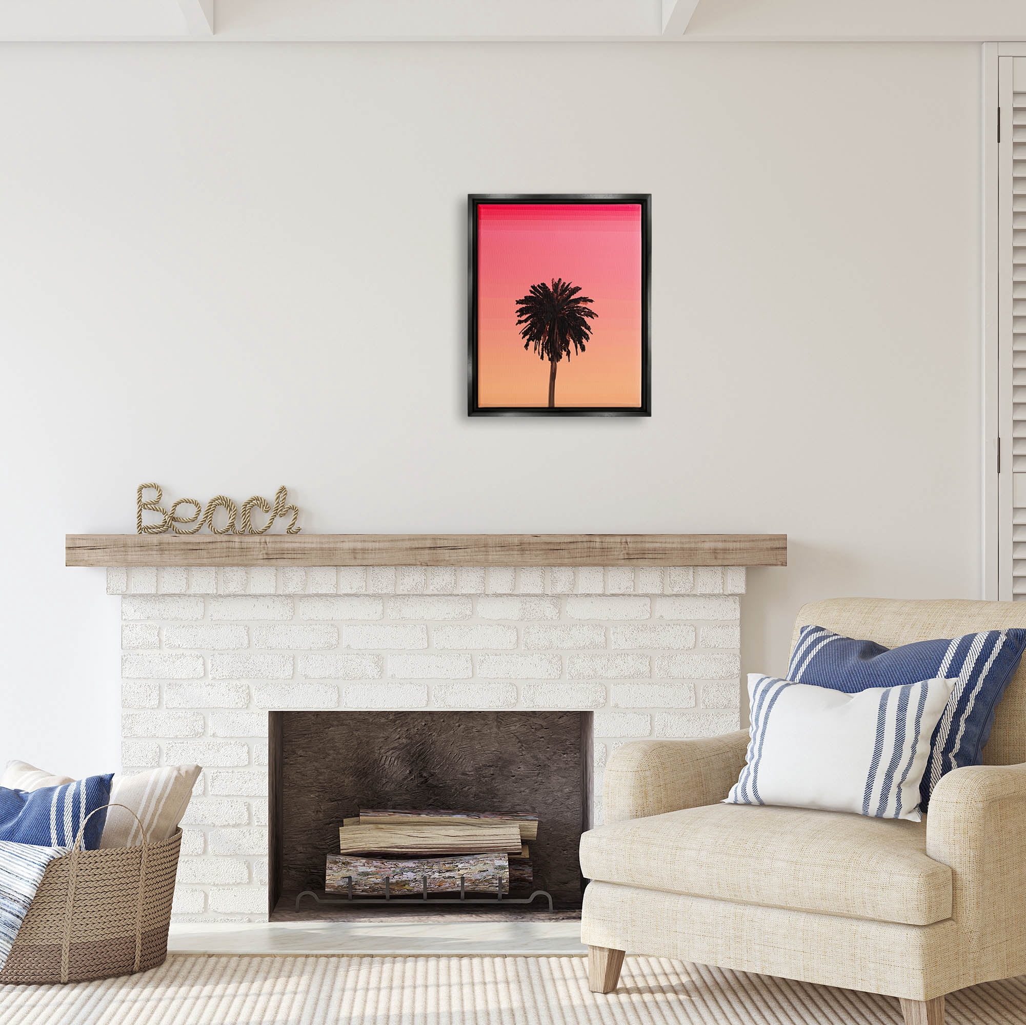 Stupell Industries Vivid Red Sky Palm Tree Silhouette Coastal Painting Black Floater Framed Art Print Wall Art