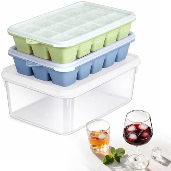 Blisscome Silicone 15-Cavity Flexible Easy Release Stackable Ice Cube Trays with Lid and Bin (2 Count)