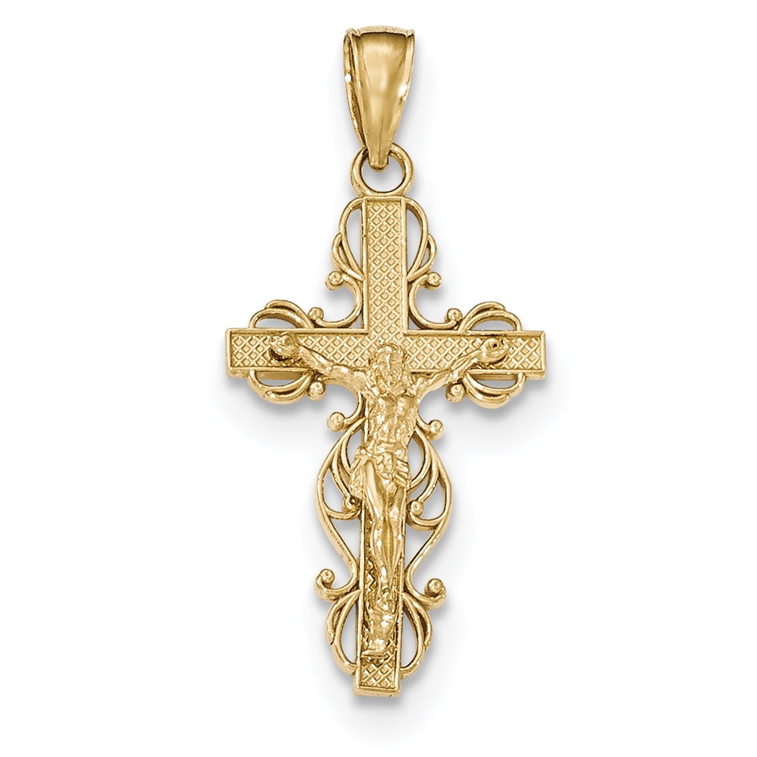 14k Yellow Gold Cross Religious Pendant Charm Necklace Fancy Fine Jewelry Gifts For Women For Her