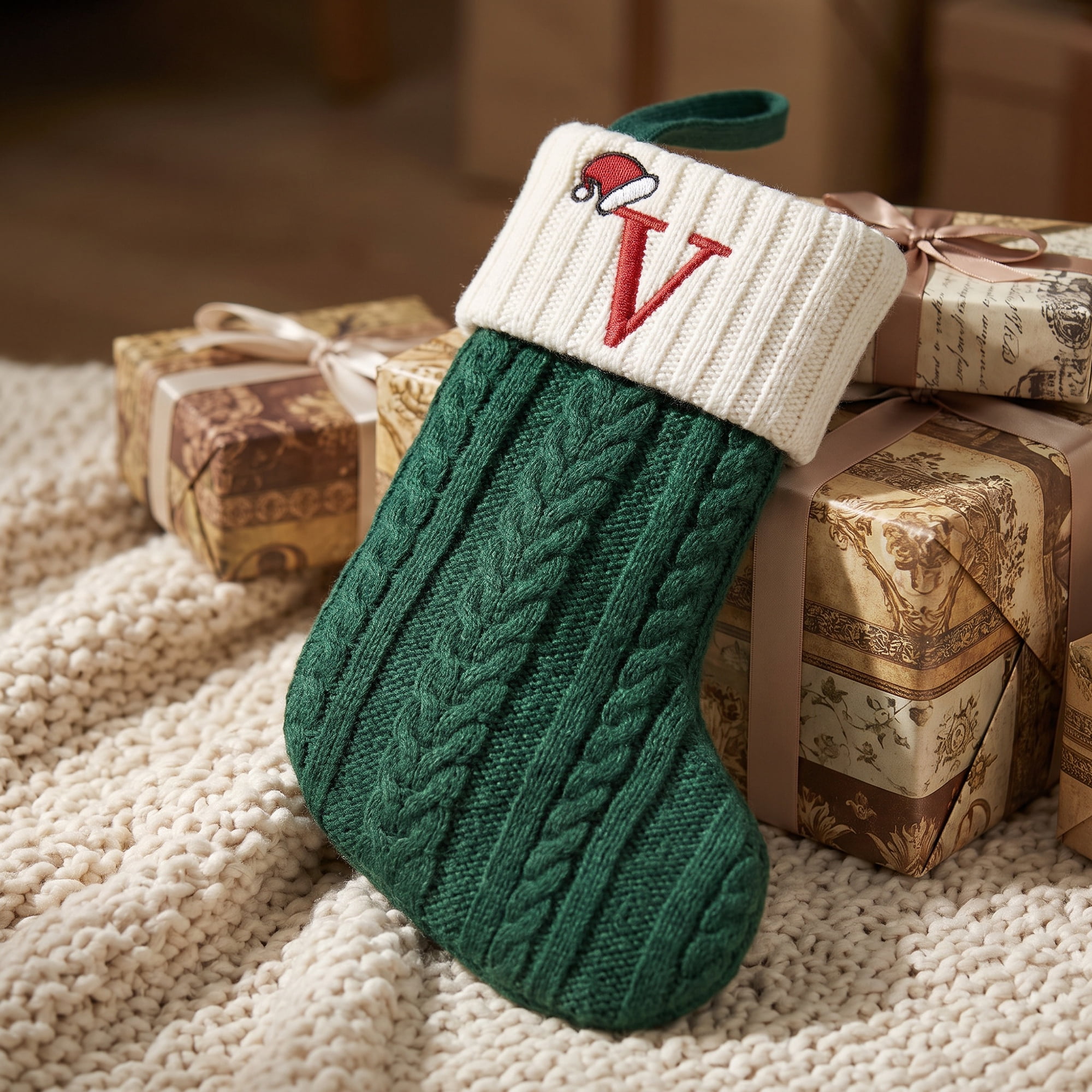 Unique Bargains Christmas Luxury Grand Hearth Accent Stocking Green Letter V 8"